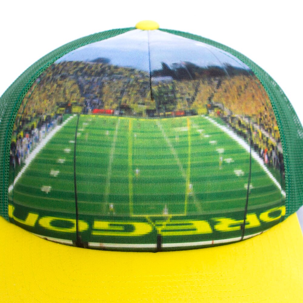 Autzen Stadium, Richardson, Green, Trucker, Cotton Blend, Accessories, Unisex, Football, Green & Yellow Bill, 112, Custom Sublimated, Foam, Adjustable, Hat, 846798